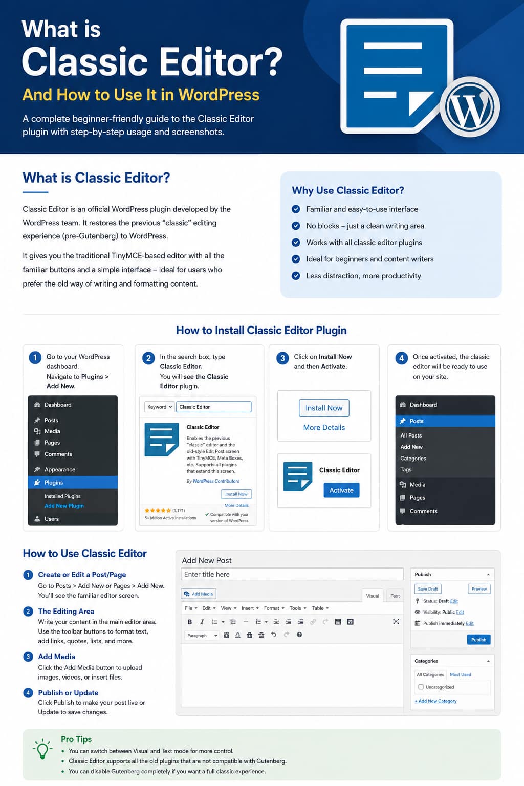 Classic Editor WordPress plugin guide showing how to install, activate, configure, and use the traditional WordPress editor with step-by-step instructions.