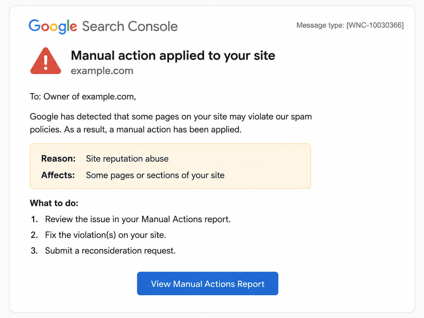 Google Search Console manual action notification for site reputation abuse