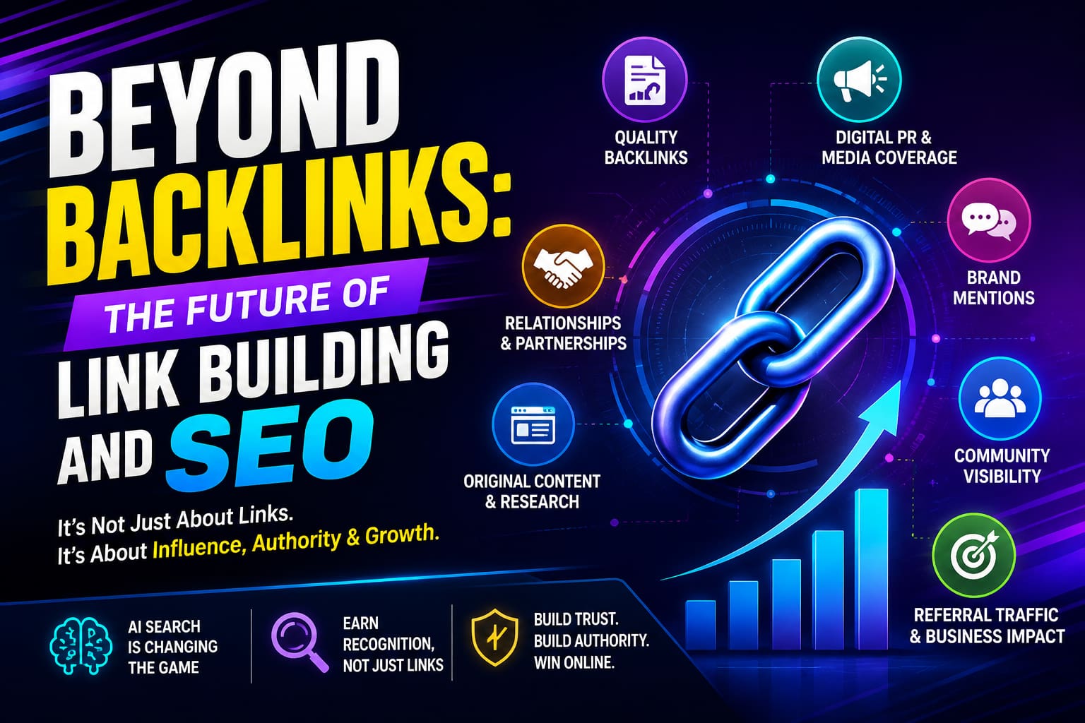 Beyond Backlinks SEO glowing chain link, digital PR, brand mentions, original content, community visibility, referral traffic, authority, and SEO growth.