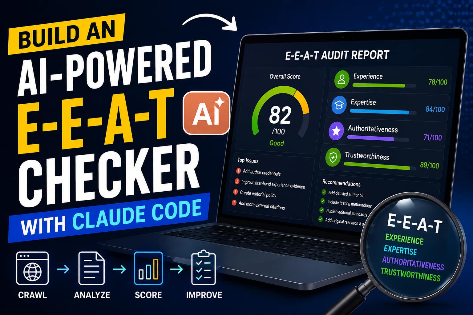 Learn how to build an AI-powered E-E-A-T checker with Claude Code to analyze Experience, Expertise, Authority, and Trust signals and generate actionable SEO recommendations.
