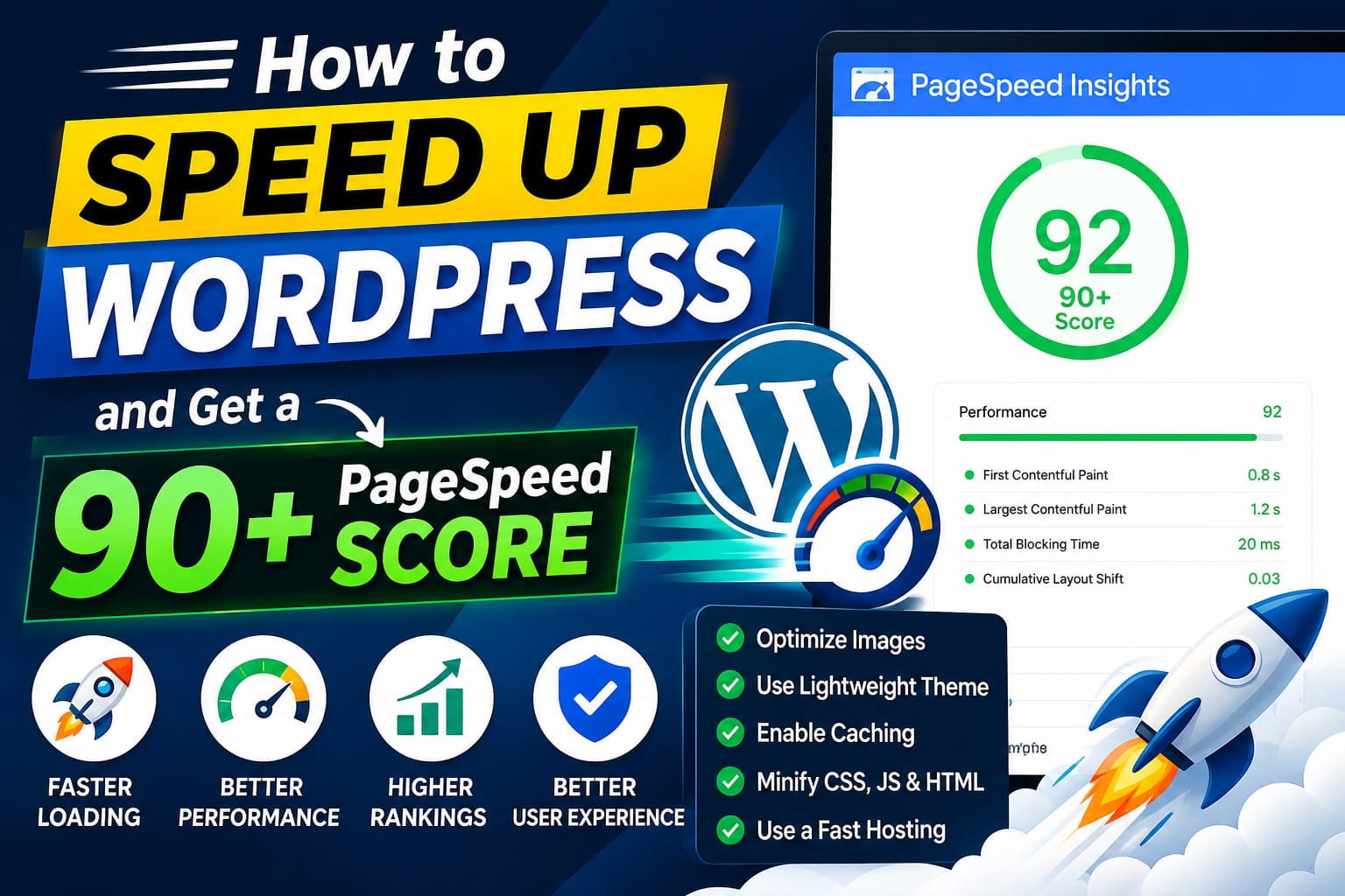 How to get a 90+ Google PageSpeed score in WordPress for free with speed optimization tips. Speed Up WordPress
