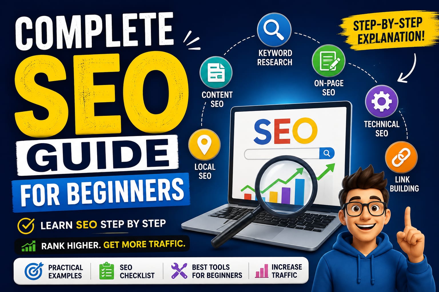 This SEO package is optimized around the primary topic “SEO for Beginners” while also covering related search topics such as keyword research, on-page SEO, technical SEO, backlinks, and SEO tools.