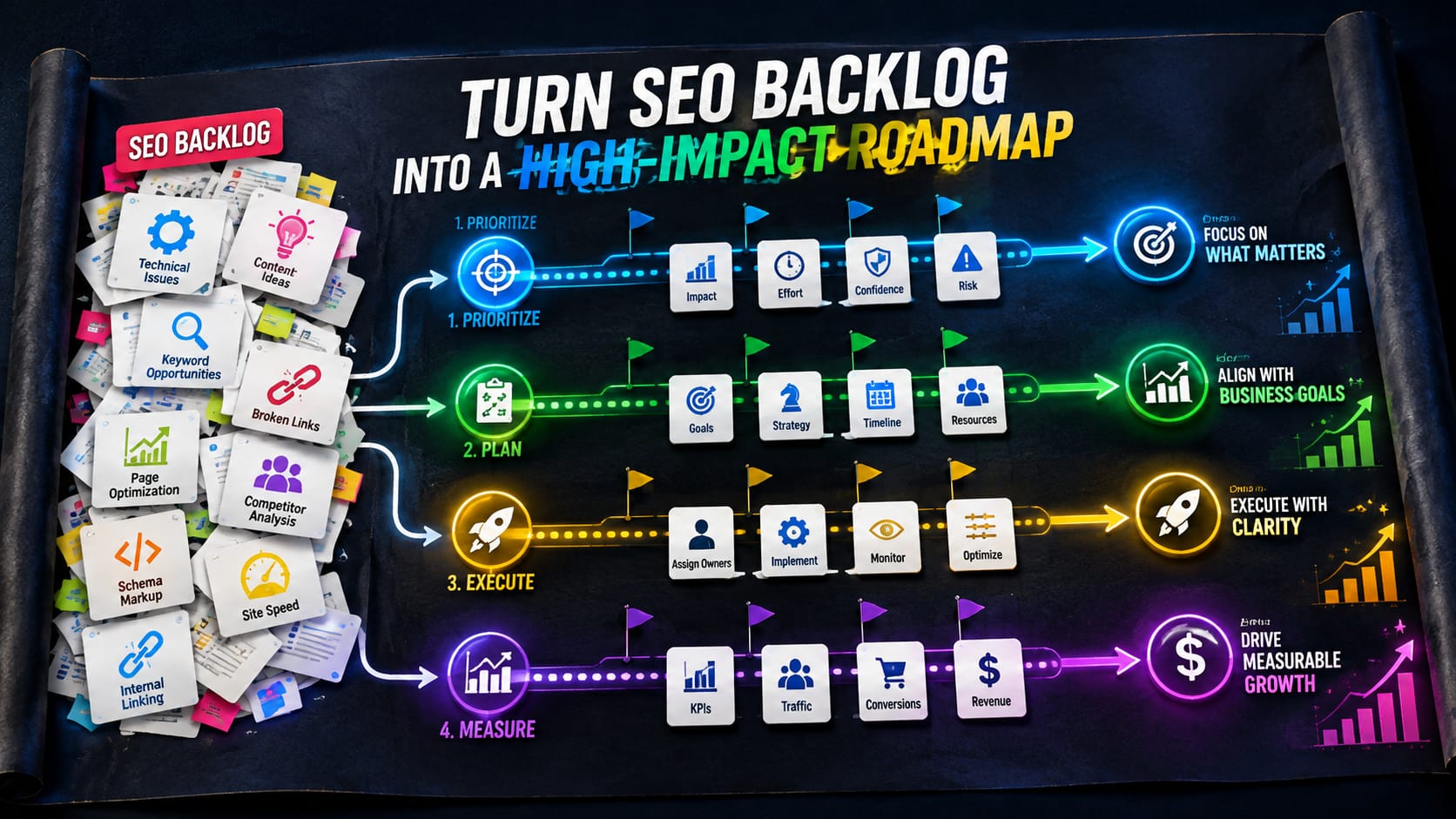 SEO roadmap showing how to prioritize an SEO backlog based on impact, effort, business goals, and measurable outcomes