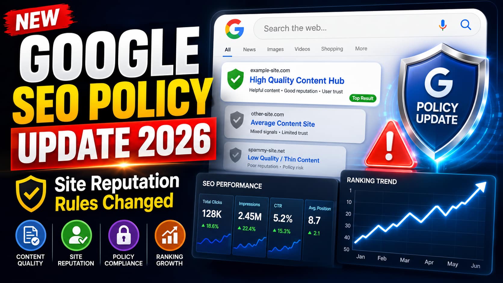Google SEO Policy Update 2026 thumbnail showing search results, SEO dashboard, ranking graph, policy shield, and site reputation rule changes.