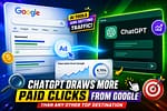 ChatGPT draws more paid clicks from Google, shown with Google Ads, a ChatGPT interface, traffic analytics, and a 4.75% paid-click indicator.
