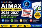 Google AI Max migration timeline showing the transition from Search and Dynamic Search Ads in 2026 to automatic AI Max migration in February 2027.