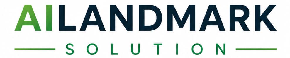 AI LANDMARK SOLUTION logo with AI in green, LANDMARK in dark blue, and SOLUTION below in green between two horizontal green lines.